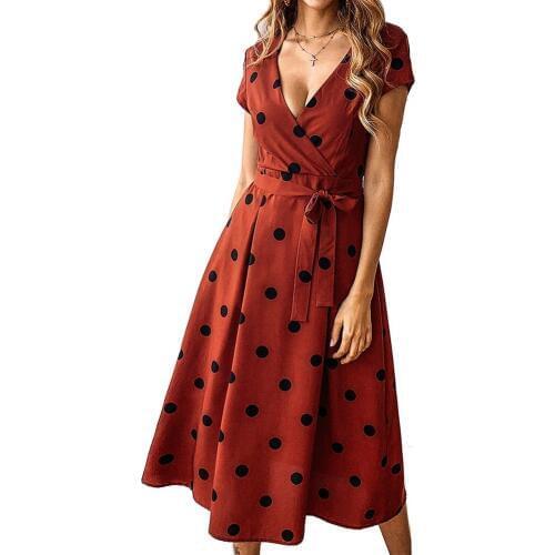 Hitmebox 2019 Womens Summer V Neck Polka Dot Short Sleeve Vintage Wrap Dress with Belt Flowy Swing Summer Casual Long Dresses