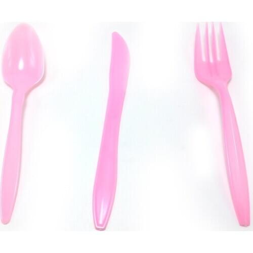 24pcs/pack Happy Birthday Girls Favors Solid Color Knife Baby Shower Pink Plastic Forks Spoon Decoration Party Tableware
