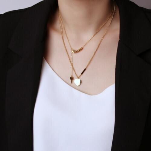 316L Stainless Steel New Fashion Upscale Jewelry 2 Layer Beaded Love Heart key Charms Chain Choker Necklace Pendant For Women