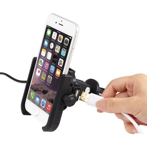 Aluminum Alloy Motorcycle Handlebar Rail Mount Phone Holder Stand with 12-24V 2A USB Charger for 4-6.6 inch Mobile Devices