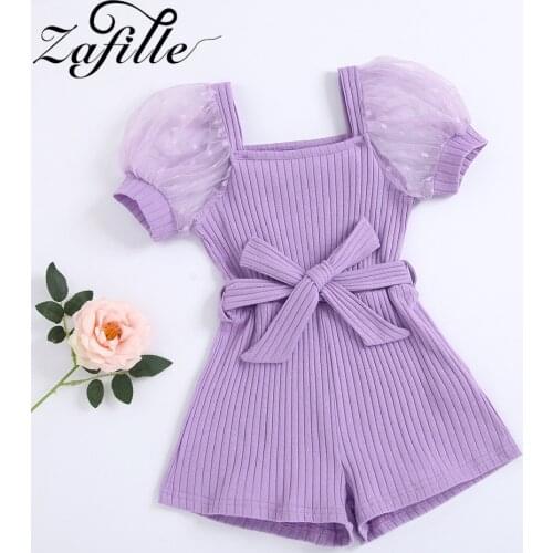 ZAFILLE Lace Puff Sleeve Girls Jumpers Square Collar Belted Knitted Overalls For Children Summer Kids Clothes Girls Jumpsuit