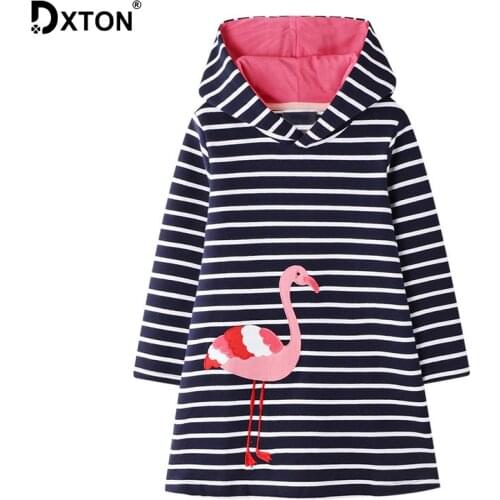 DXTON Cotton Kids Dresses Hooded Girls Dress Stripe Autumn Winter Girls Costume Dress Flamingo Long Sleeve Children Dress 2-7Y