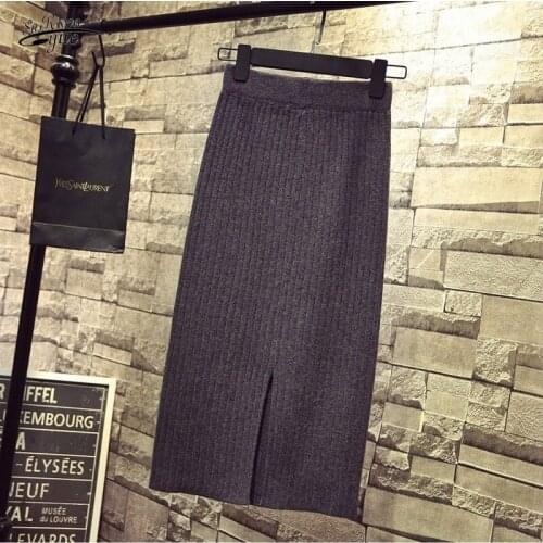Maxi Skirt Long Brown Skirt High Waist Skirt Split One-step Skirt Long Skirt All-match Mid-length Knitted Bag Hip Skirt 16354