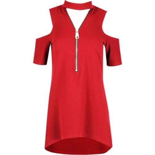 Ebay Explosion Models Spring And Summer New V-neck Zipper Open Chest Strapless Short-sleeved Dress Large Size Womens T-shirt