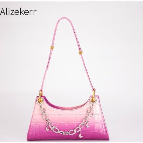 Gradient Colors Chain Shoulder Bag Women 2021 New Elegant Designer Diamonds Crocodile Pattern Purse And Handbag Famous Brand