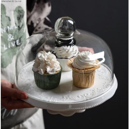 Ceramic Tableware Tall Cake Tray Transparent Glass Cover Round Bread Dessert Tray Pastry Decoration Tray Kitchen Utensils
