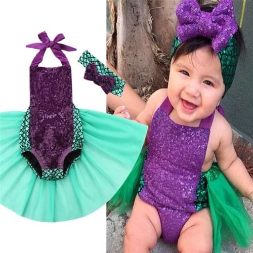 Infant Baby Girl Mermaid Sequin Tulle Bodysuit Cute Sleeveless Jumpsuit Headband Outfit Set Summer Clothing