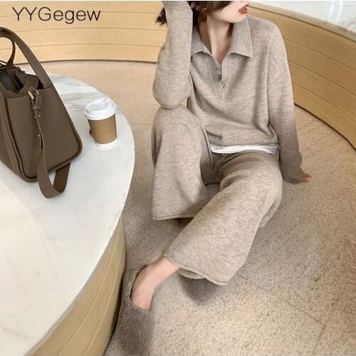 2 Pieces Set Women oversize Tracksuit polo collar Sweater Pullover straight pants Sweater Set CHIC Knitted Outwear sweater suit
