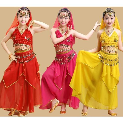 Baby Girls Belly Dance Costume Set Polyester Chiffon Kids Indian Dance Clothes Top Skirt Waist Chain Headwear belly Dance Set
