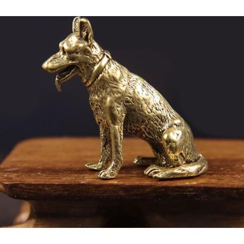Brass Metal Lucky Fortune Dog Statue Small Ornament Vintage Little Puppy Chinese Desktop Tea Pet Sitting Wolf Animal Figurines