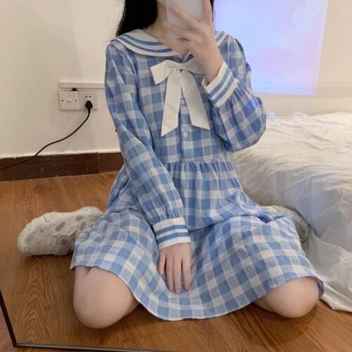 Sweet Summer Girl Plaid Dress 2021 New WomenS Clothing Navy Collar Cute Bow Dresses Midi Robe Femme Long Sleeve Casual Dress