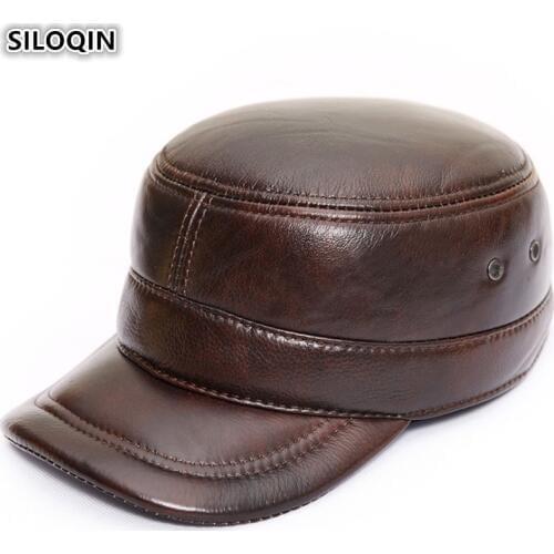 SILOQIN Adjustable Size Mens Flat Caps With Ears Womens Military Hats Brand Genuine Leather Hat Autumn Winter Cowhide Warm Cap