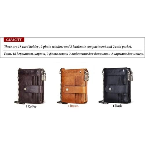 Mens RFID Blocking Leather Bifold Wallet Short Purse with Anti Theft Chain