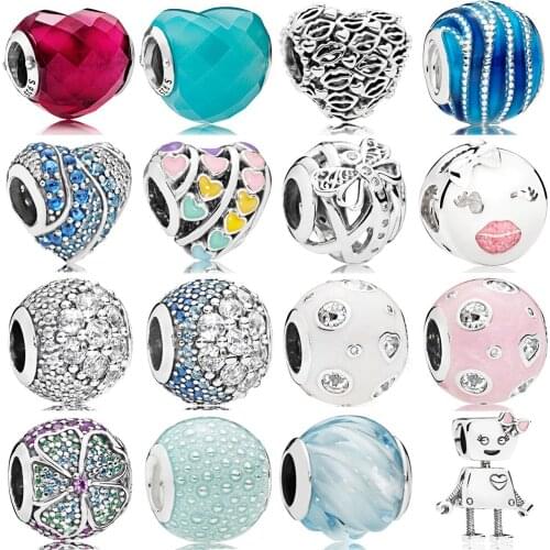 NEW 100% Real 925 Sterling Silver Robot Round Charms Beads Clear CZ Fit Brand Bracelet Fashion Original Jewelry Gift