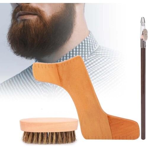 A Set New Natural Wood Beard Brush Men Beard Shaping Tools Kit Mustache Styling Template Styling Pen Grooming Shaving Brush