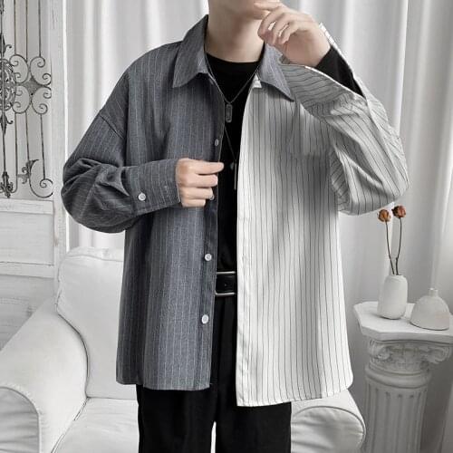 Striped Shirt Loose Stitching Contrast Color Long Sleeve Casual Coat Thin Male Clothes Four Seasons Retro Trend Streetwear Tops
