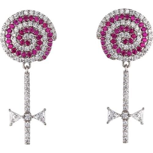 925 Silver Needle Wave Board Sugar Earring Luxury Full Zircon Pink Color Lollipop Sucker Drop Earrings Women Jewelry