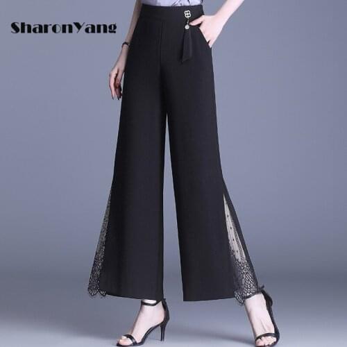 Chiffon Wide-legged Pants Womens Summer Thin 2021 New High-waisted Side Split Stitched Lace Casual Straight Pants
