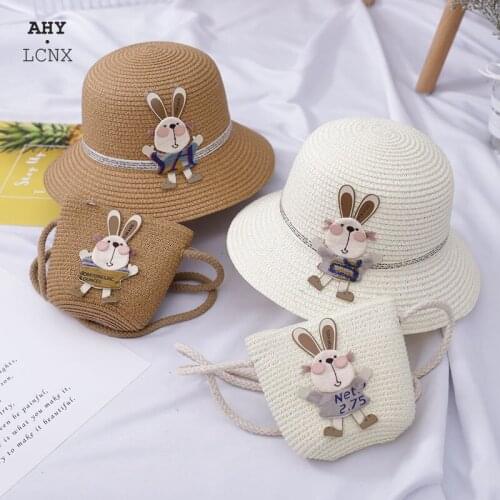 2021 Baby Summer Straw Hat Girl Kids Holiday Beach Bucket Hats Children Bunny Cap Sun Hat Shoulder Handbag Bag Props Gift