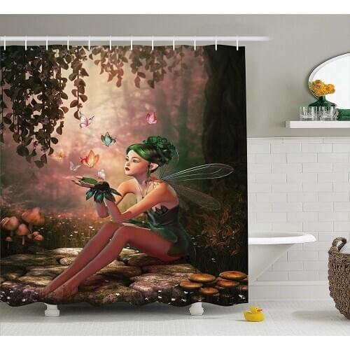 Fairy Shower Curtain Girl with Wings and Butterflies Digital Composition Computer Graphics Elven Creature Fabric Bathroom