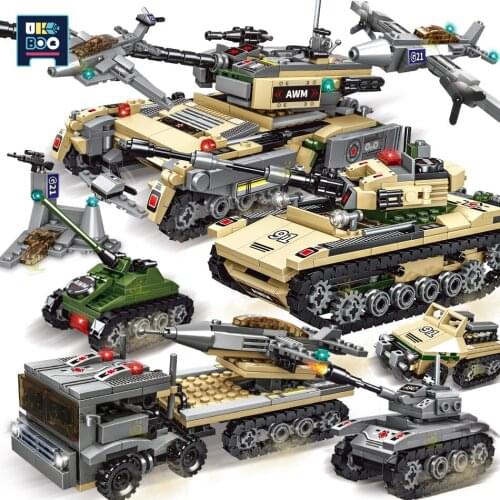 UKBOO 1030PCS 8IN1 City Military Tank Model Building Block WW2 fighter Weapon Figures Truck Car Bricks Toys For Children