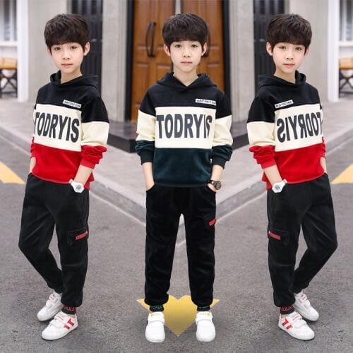 Spring Autumn Boys Clothes Sets Boys Teenager Casual Sports Wear Gold Velvet Hoodies+Pants 2PCS Set Boys Tracksuits 4-13T