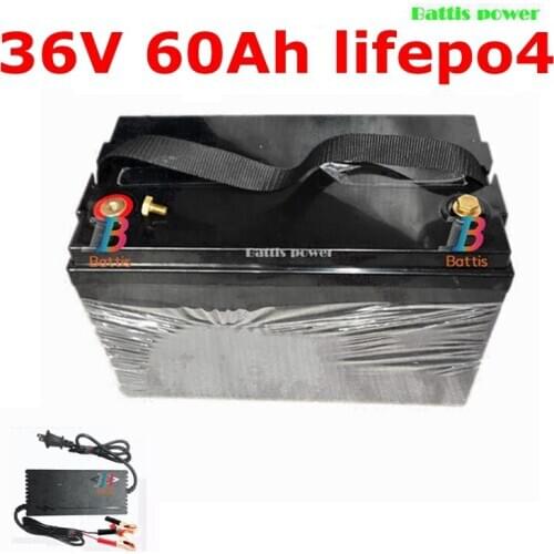 Waterproof 36V 60AH Lifepo4 battery with BMS for 1500W scooter bike Tricycle Solar backup power golf cart +5A charger