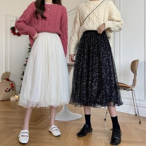 Super Fairy Starry Sky Shiny Mesh Skirt Womens Autumn and Winter 2020 New Korean Style Elastic Waistband Mid-Length Fairy Skirt