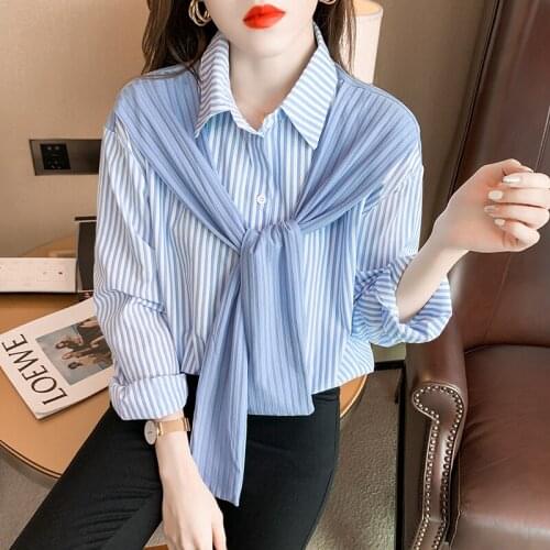 One Piece Striped Shawl Patchwork Shirt 2021 Fall Womens Long Sleeve Loose Casual Blouse Polo Neck Female Tops Blosas T027