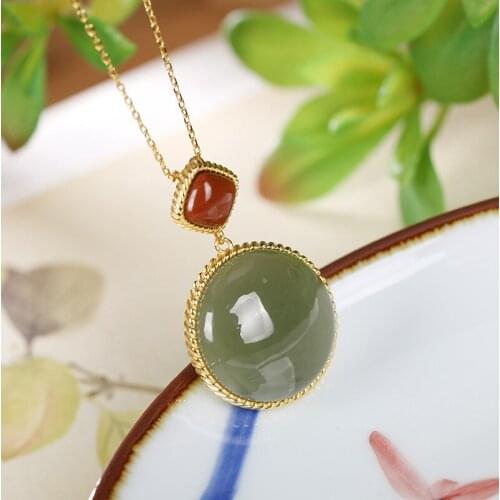 Natural 925 sterling silver gilded inlaid hetian jade cyan jade round retro pendant jewellery fashion for women lucky