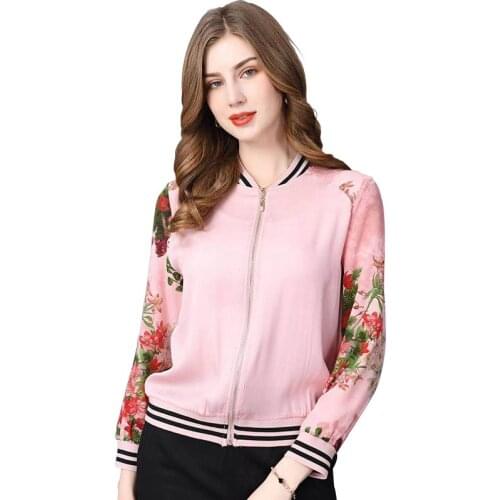 Women Clothing Chic Fashion Casual Spring Jacket Smooth Satin Plant Flower Print Coat Loose Baseball Uniform Female Outerwear