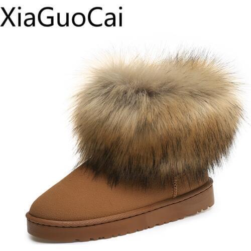 Winter Warm Frosted Fox Women Snow Boots Velvet Cotton Suede Female Winter Snow Boots Solid Flat Boots