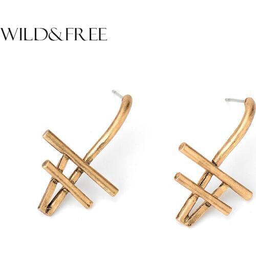 Women Geometric Hollow Out Stud Earrings Vintage Zinc Alloy Antique Gold Simple Europe Stud Earrings Jewelry