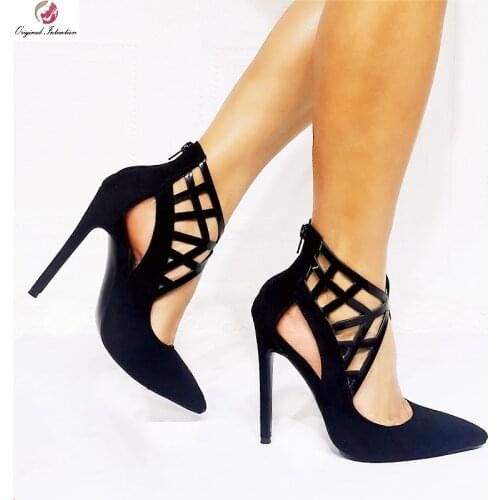 Summer Suede Leather Women Sandals 12CM Sexy Super High Thin Heel Shoes Hollowing Out Ventilation Zipper Ladies High Heels Black