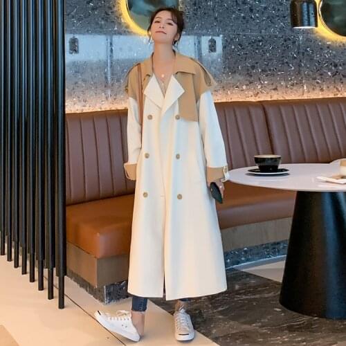 Womens Coat Hit Color 2021 New Spring Autumn Long Korean Double Breasted Stitching Fashion High-quality Lining Windbreaker GW5