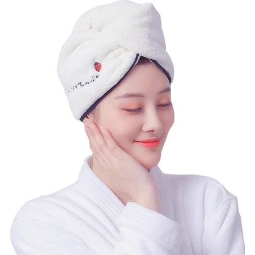 Women Hair Towel Bathroom Quick Dry Hooded Towel Microfiber Embroidered White Head Dryer Towels