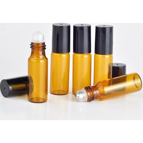 100 Pcs/Lot 5ml Mini Roll On Essential Oil Bottles Refillable Roller ball Bottle Brown Glass Bottle Empty Parfum Bottles