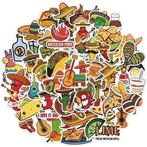 50pcs Vintage Mexican Food Series Stickers Cartoon DIY Waterproof Cup Luggage Laptop Phone Case Bicycle Childrens Toy Sticker