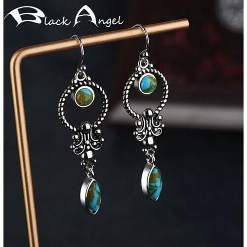 BLACK ANGEL Vintage Thai Silver Turquoise Gemstone Long Drop Earrings Fashion Hook Earrings Fine Jewelry Christmas Gift