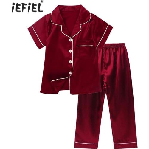 Children Silk Pajamas For Kids Summer Short Sleeve Sleepwear Suit Casual Homewear Tops Pants Nightwear Boys Girls Pajamas Set