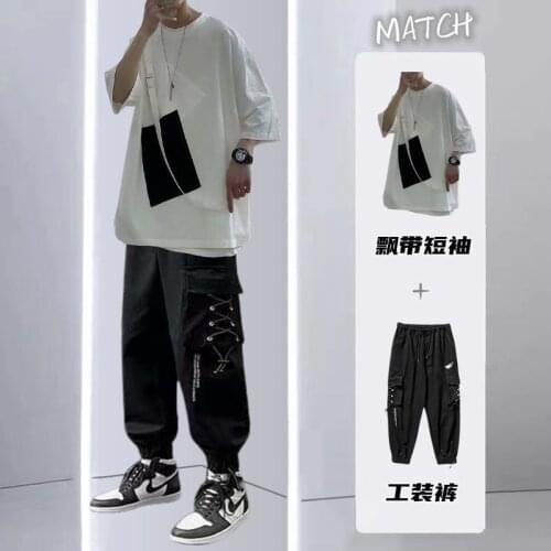 Two-piece sets boys summer new printed oversize t-shirts Sweatpants male High street leisure running fashion plus size sets