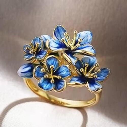 I & FDLK Cute Female Blue Crystal Stone Ring Charm Gold Color Wedding Rings For Women Dainty Bride Flower Zircon Engagement Ring