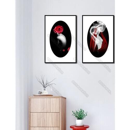 Canvas Painting and Posters Abstract Nude Woman Profile with Red Flower Headdress and Red Clothes for Home Rooms Wall Decoration