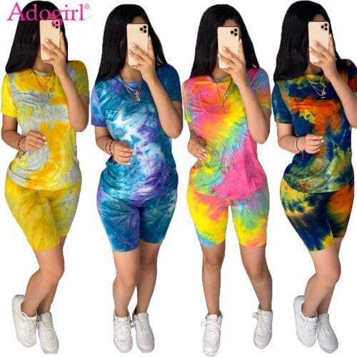 Adogirl Tie Dye Print Two Piece Set Short Sleeve T Shirt Top Shorts 2020 Summer Fashion Casual Sporting Suit Home Tracksuit