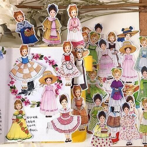 Junk Journal Retro Paper Doll Girl Heart Sticker DIY Scrapbook Office Stationery Hand Account Sticker Gifts for Lovers