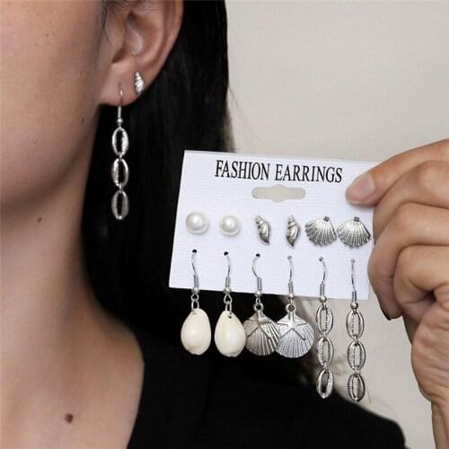 6 Pair/Set Fashion Alloy Shell Earrings Set for Women Bohemian Imitation Pearl Tassel Long Earring Beach Jewelry Accessories