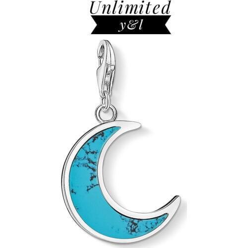 Blue Stone Meniscus Moon Charms 925 Sterling Silver DIY Fashion Jewelry Fit Thomas Style Bracelet Necklace Women Men 2019 New