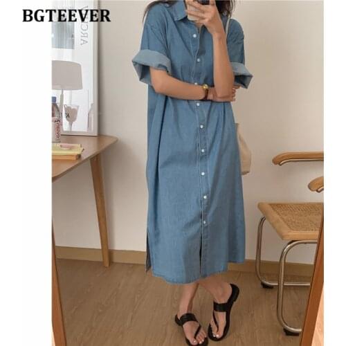 BGTEEVER Summer Vintage Turn-down Collar Single-breasted Women Jeans Dress Short Sleeve Loose Female Split Straight Dress 2021