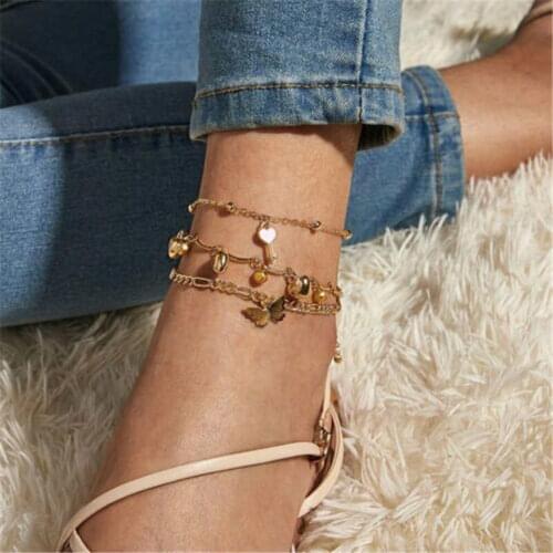 Popular Ankle Chain 3pcs/set Anklet Heart Key Butterfly Shaped Gold Color Sandal Bracelet