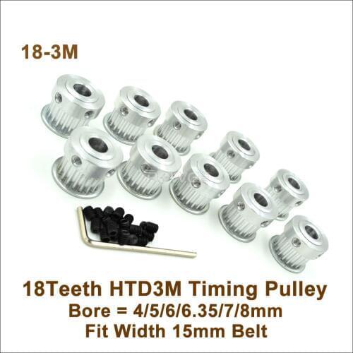 POWGE 18 Teeth 3M Timing Belt Pulley Bore 4/5/6/6.35/8mm Fit W=15mm HTD 3M Synchronous Belt 18T 18Teeth HTD3M Pulley CNC Machine